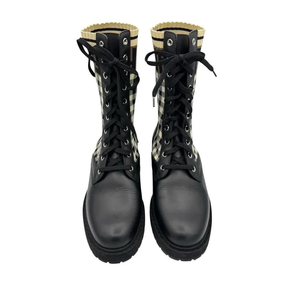 Fendi Rockoko Knit Leather Logo Biker Vitello Combat Boots Size 8.5 - Picture 3 of 12